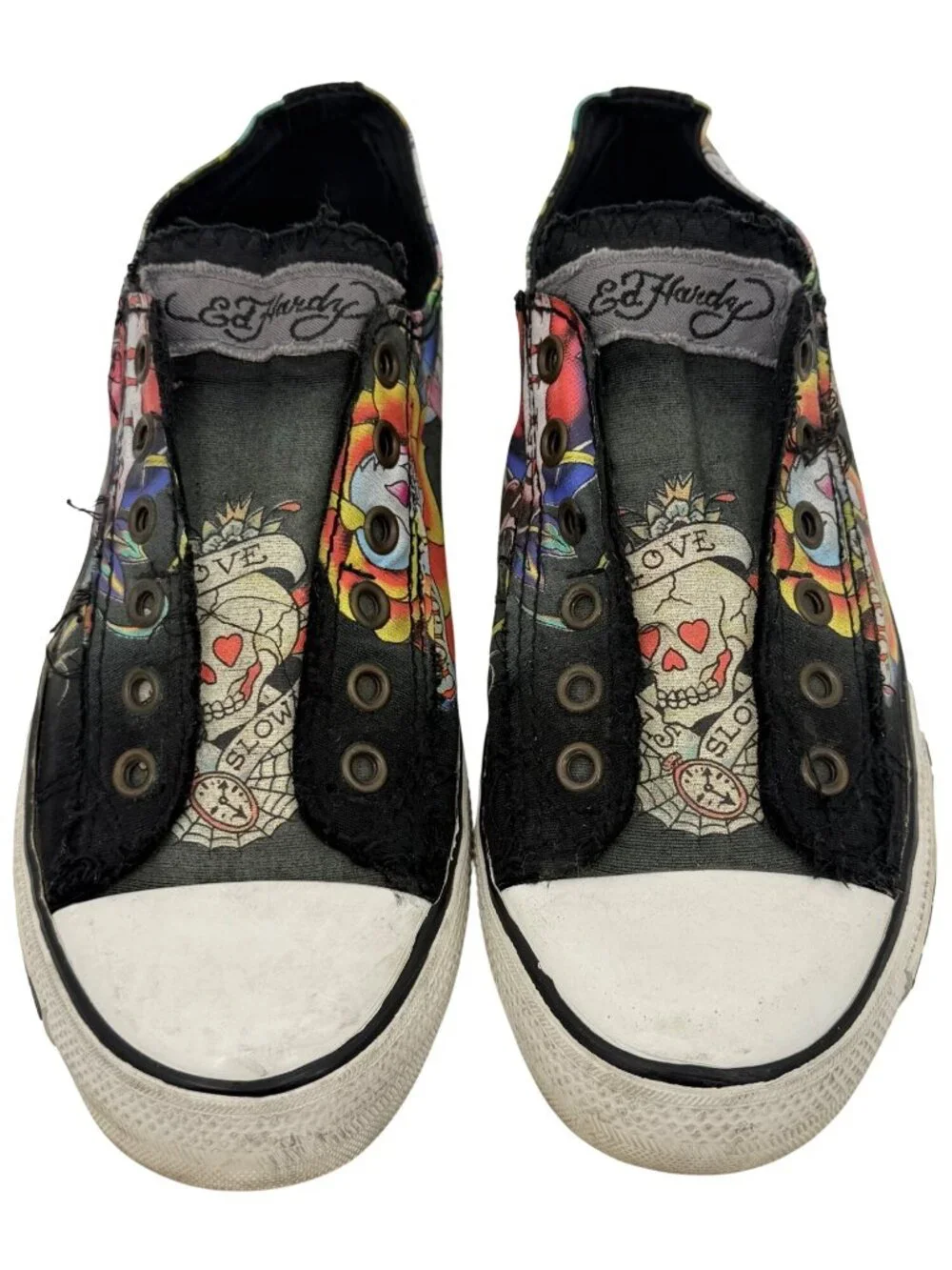 VTG Ed Hardy Black Tattoo Print Canvas Sneakers 8 | Y2K Skater Grunge Streetwear